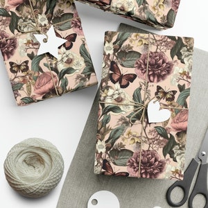 Botanical Wrapping Paper Roll - Blush Vintage Floral, Butterfly Birthday Gift, Pretty, Baby Shower, Bridal Shower Gift Wrap Roll 2 Sizes