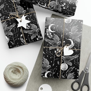 Raven Wrapping Paper Roll - Black Wrapping Paper, Crows, Celestial, Moon, Witchy, Gothic Floral, Gift Wrap Roll, For Women