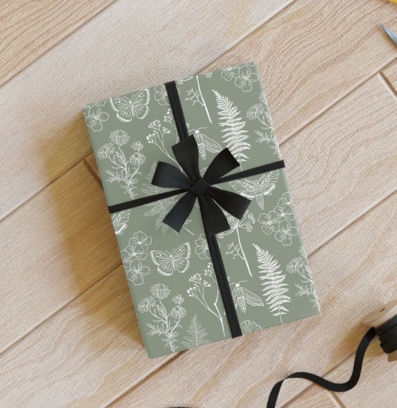 Botanical Sage Green Wrapping Paper Fern Floral Moth Nature Boho Gift Wrap  Sheet 