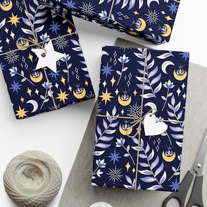 Celestial Forest Wrapping Paper Roll - Boho Scandinavian Navy Blue Eco Friendly Wrapping Paper, Night Sky Leaf Moon Star Mystic Gift Wrap
