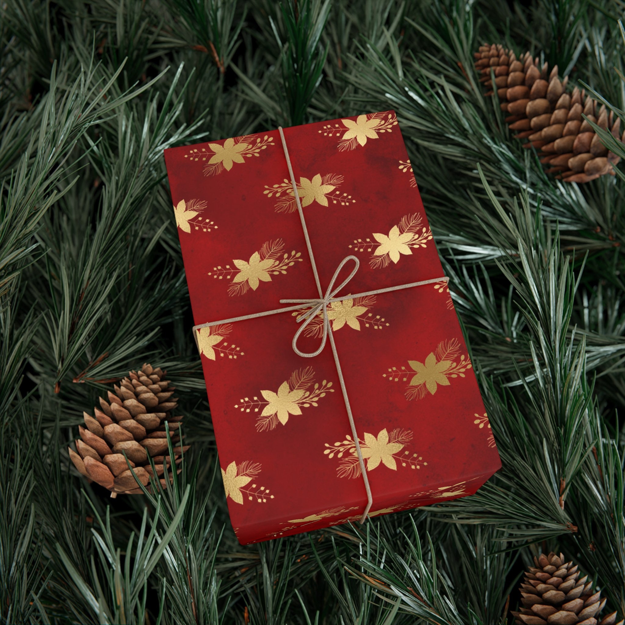 Dark Red Wrapping Paper Golden Christmas Red and Gold Star Gift
