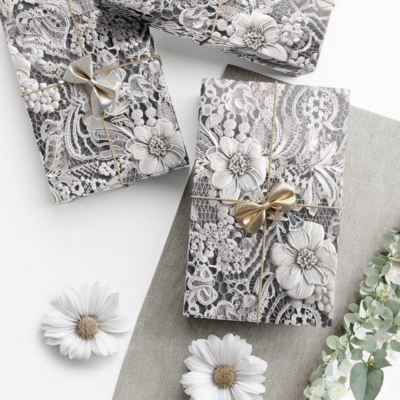 Wedding Gift Wrap Roll - Elegant, Vintage Floral Wrapping Paper Roll, White Lace, Minimalist, Fancy Wrapping Paper, Wedding Bridal Shower