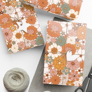 Retro Flower Wrapping Paper Sheet - Orange 70s Boho Hippie Gift Wrapping Paper