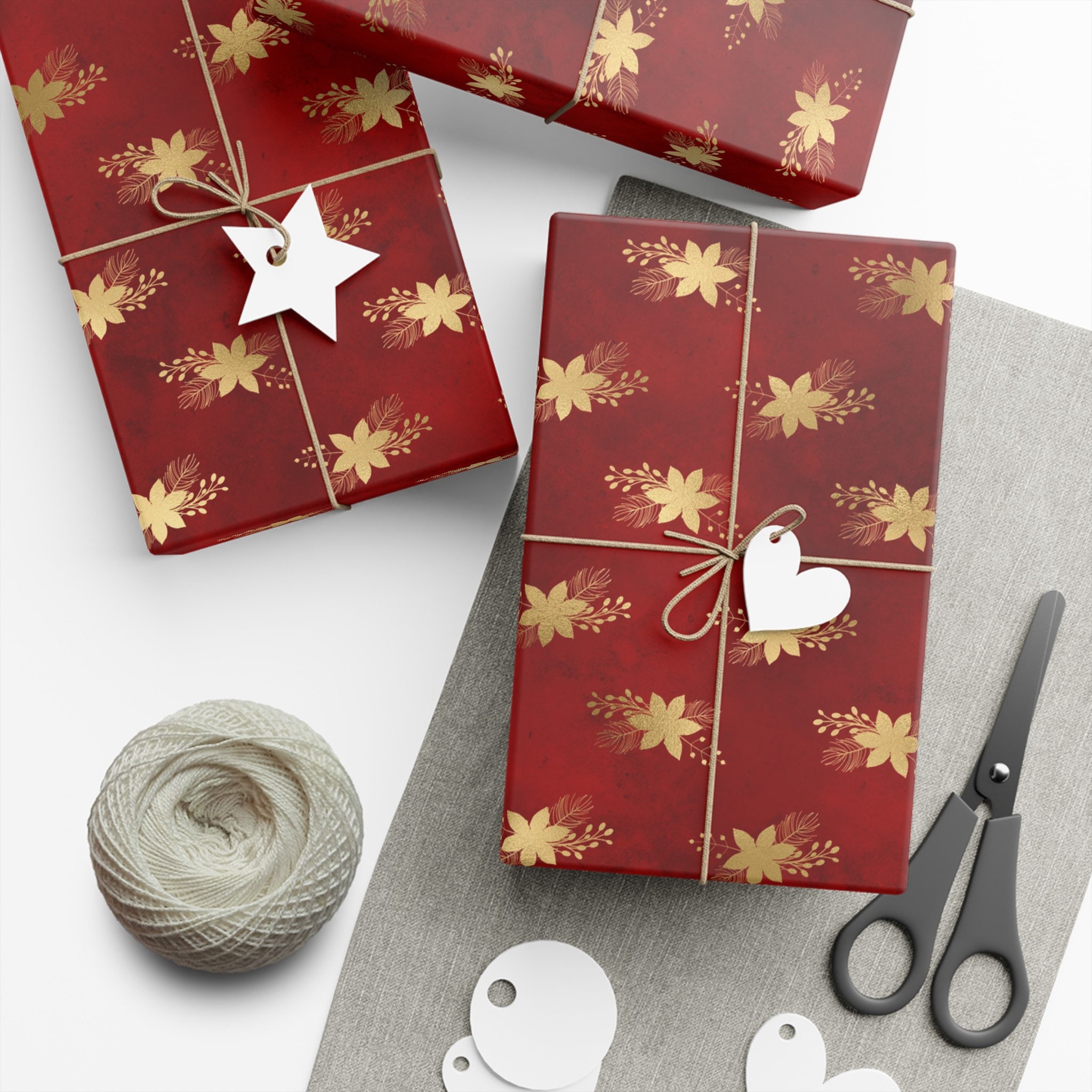 Dark Red Wrapping Paper Golden Christmas Red and Gold Star Gift