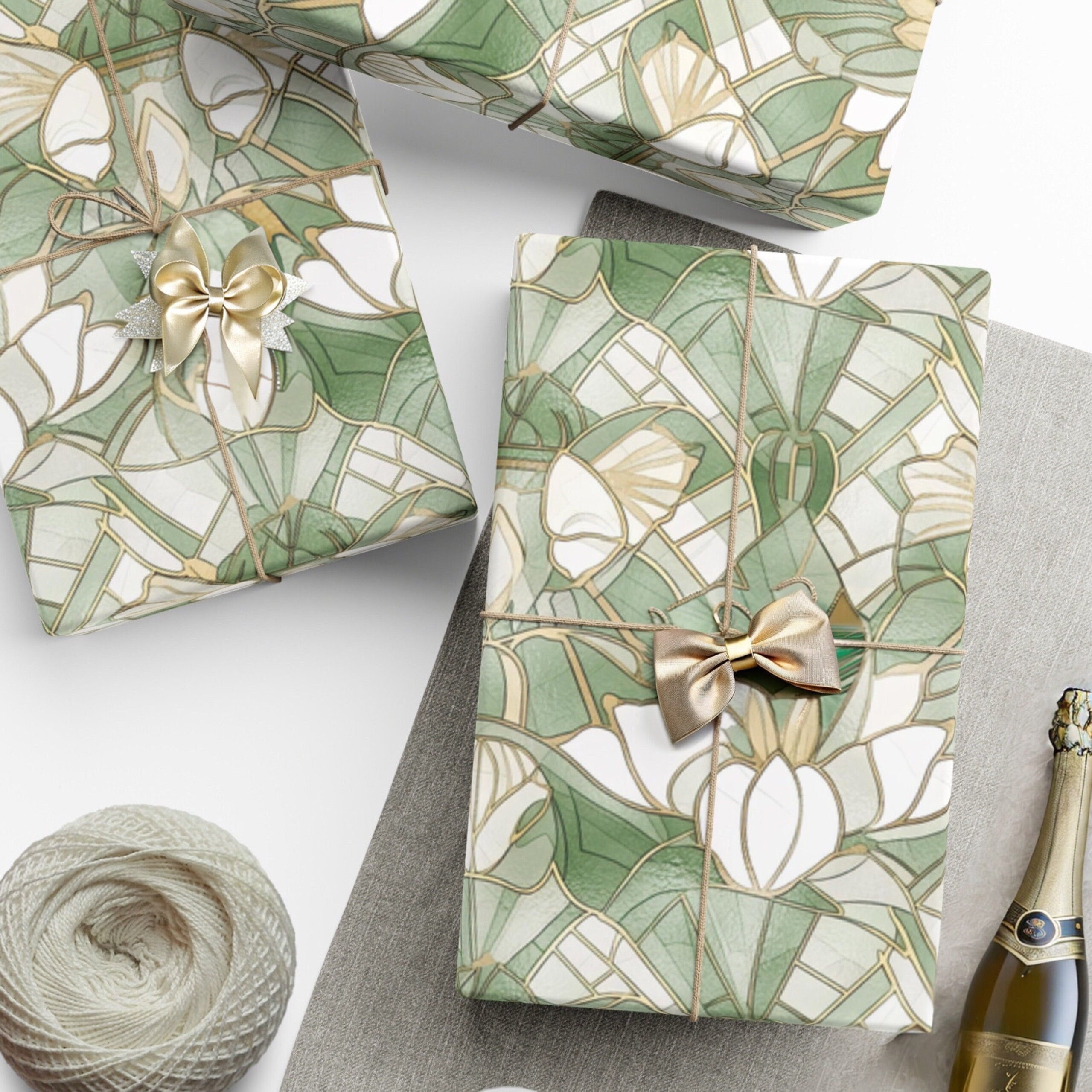 Sage Green Wrapping Paper Roll - Mosaic Stained Glass Eco Friendly Wedding  Wrapping Paper Elegant White Lily Flower Gold Gift Wrap Roll