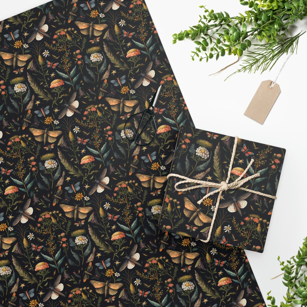 Moth Wrapping Paper Black Dark Academia Enchanted Forest Gift Wrapping