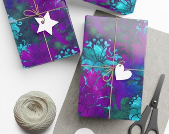 Floral Jungle Wrapping Paper Roll - Jungle Blue Purple Floral Wrapping Paper, Unique Gift Wrapping Ideas, Jungle Themed Birthday Party