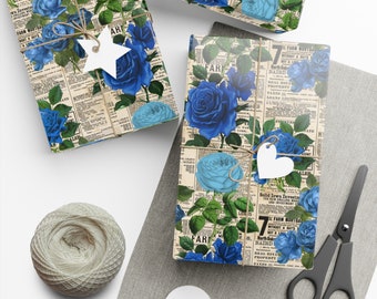 Blue Rose Flower Gift Wrap - Eclectic Floral Wrapping Paper