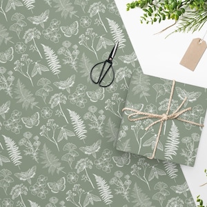 Botanical Sage Green Wrapping Paper - Fern Floral Moth Nature Boho Gift Wrap Sheet