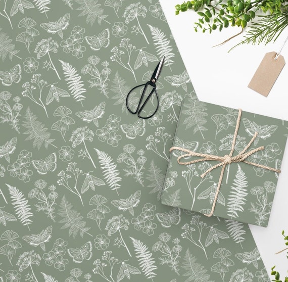 Botanical Sage Green Wrapping Paper Fern Floral Moth Nature Boho Gift Wrap  Sheet 