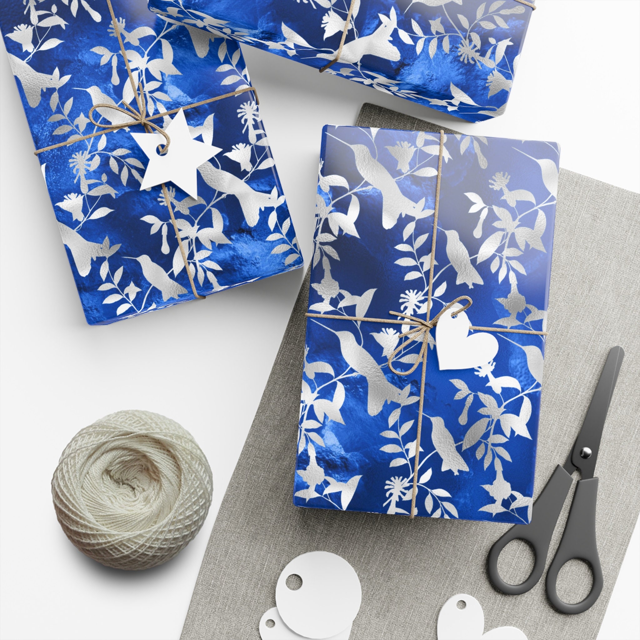 Royal Blue and Silver Wrapping Paper Fancy Hummingbird Gift Wrap