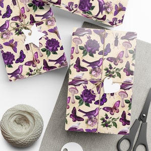 Purple Bird Butterfly Wrapping Paper - Vintage Floral Forest Gift Wrap Sheet