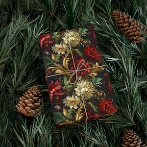 Dark Floral Gothic Christmas Wrapping Paper, Elegant Fancy Green Red Gold Holiday Gift Wrapping Paper