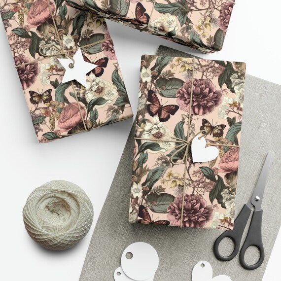 Botanical Wrapping Paper Roll - Blush Vintage Floral, Butterfly Birthday Gift, Pretty, Baby Shower, Bridal Shower Gift Wrap Roll 2 Sizes