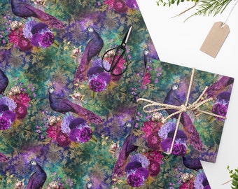 Peacock Wrapping Paper Roll - Peacock Wedding Gift Wrap Roll, Floral Purple Exotic Bird Gift Wrapping, Peacock Gift Ideas