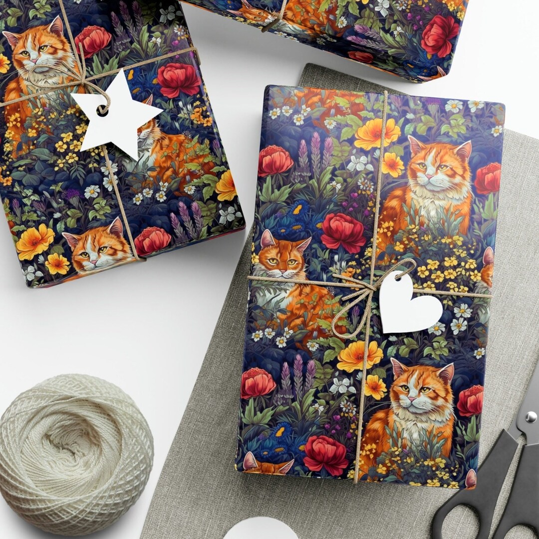 Cat Wrapping Paper Roll Orange Tabby Cat With Plants, Floral Gift Wrap