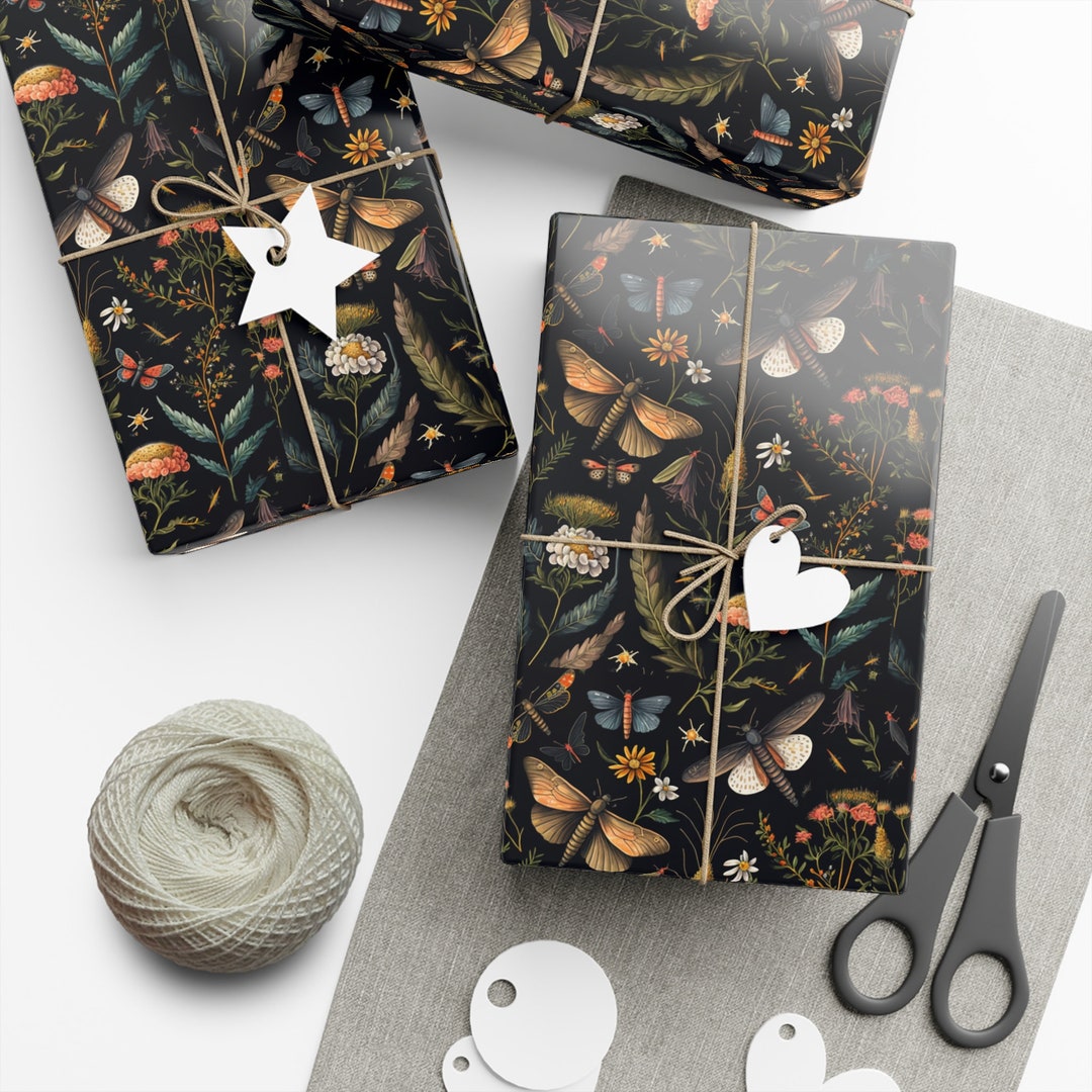 Moth Wrapping Paper Black Dark Academia Forest Gift Wrapping Etsy