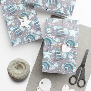 Papier d'emballage pour bébé garçon - Emballage cadeau bleu étoiles Boho pour fête prénatale