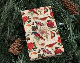 Vintage Red Bird Wrapping Paper - Floral Butterfly Moth Mushroom Forest Gift Wrapping Paper