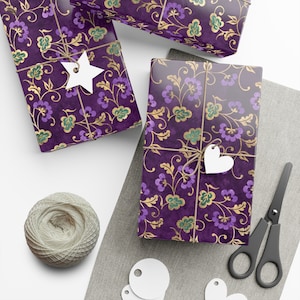 Dark Purple English Garden Wrapping Paper - Gold Purple Floral Wrapping Paper Sheet