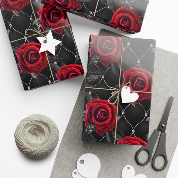 Gothic Rose Wrapping Paper Sheet Black Red Valentines Day 