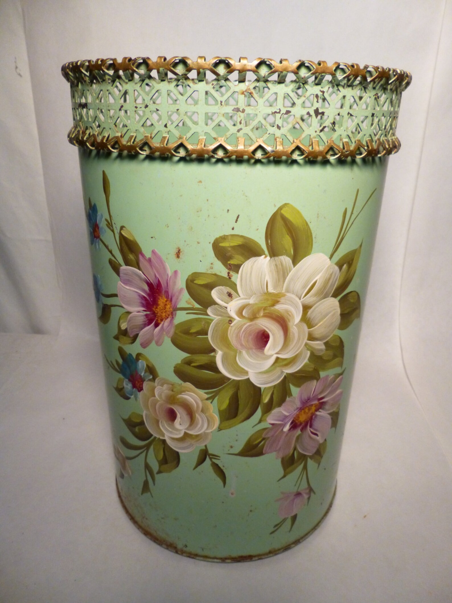 Vintage Green Tole Rose Hand Painted Metal Wastebasket Planter Etsy