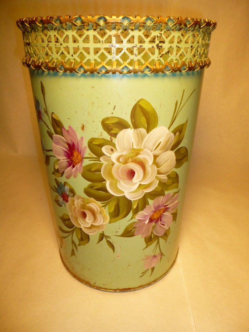 Vintage Green Tole Rose Hand Painted Metal Wastebasket Planter Etsy