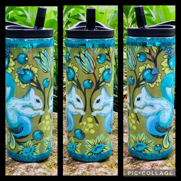 Tula Pink All Stars Squirrels fabric print Double Walled Stainless Steel Epoxy Custom Tumbler