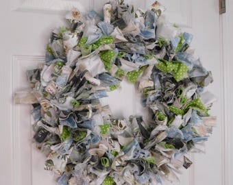 Handmade Rag Wreath, Blue Ivory Gray Green Fabric Door Decor (17 Inch)