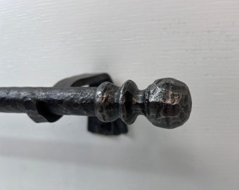 Curtain rod with finial and bracket, wrought iron, all hand hammered. Window treatments. Rod 3/4" diam.  Screwed ball finials.