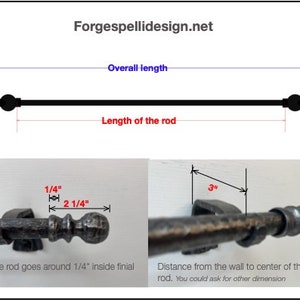 Curtain rod with finial and bracket, wrought iron, all hand hammered. Window treatments. Rod 3/4 diam. Screwed ball finials. immagine 9