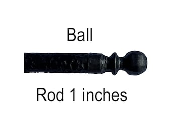 Curtain rod with finial and bracket, wrought iron, all hand hammered. Window treatments. Rod 1" diam.  Screwed ball finials.