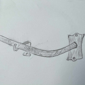 May include: A hand-drawn illustration of a metal hook attached to a wall. The hook is curved and has a simple design.