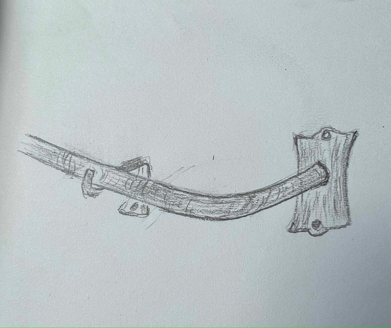 May include: A hand-drawn illustration of a metal hook attached to a wall. The hook is curved and has a simple design.