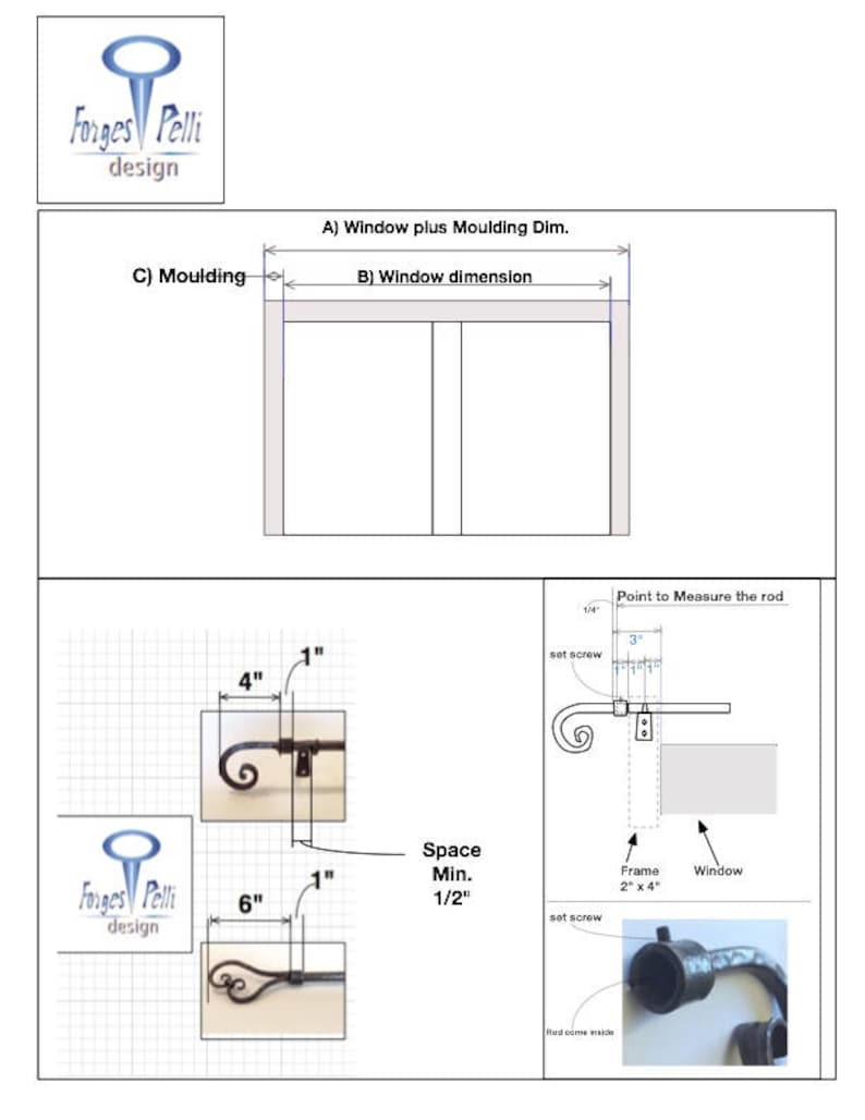 May include: Diagram showing how to measure for a window curtain rod. The diagram shows the window, frame, and molding. It also shows the rod with finials and the minimum space needed between the finial and the wall. The text reads "Point to Measure the rod", "Space Min. 1/2", "Frame 2" x 4", "Window", "set screw", and "Budcome n".