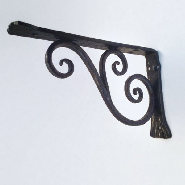 Asymmetric Wrought Iron Shelf Bracket, Classical Scroll Design, Heavy Duty Forged Steel