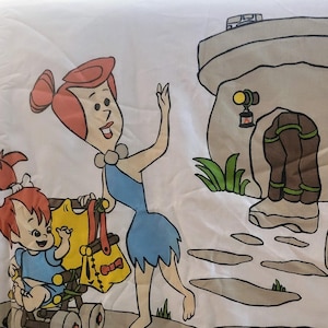 Flintstonowie Vintage Flat Twin Sheet Hanna Barbera Cartoon Fabric Burlington House 70s Kids Bedsheet RZADKIE