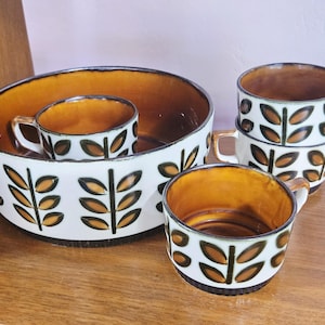 Boch Belgium Rambouillet Olive Green and Brown Snack Service Belgian RARE Bowl Mug Cup 5 Piece Set 1966 60s Mid Century earthenware