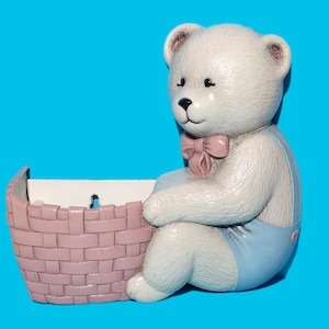 Vintage Pastel Teddy Bear Wall Vase Planter Plastic Burwood Products Co 1989 Nursery Decor
