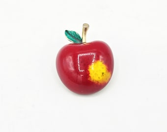 Ceramic Apple Brooch Vintage Gold Tone Fruit Pin RARE Costume Jewelry Mid Century Button Teacher Novelty