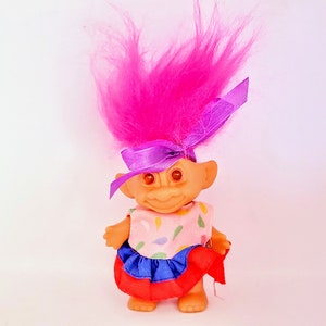 Pink Hair Party Dress Troll Doll Vintage Good Luck Troll 80s 90s Neon Pink Hair Pink Eyes Retro