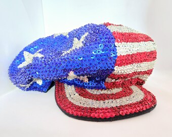 Vtg 90s Ultra Sequin Newsboy Cap Patriotic Red Gold Blue Hand Sewn Bali Hat NOS USA Patriotic Sequin Newsboy Hat for Women | Red, White & Blue main image 2