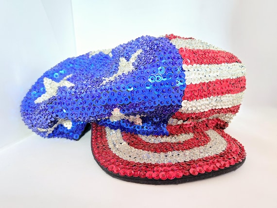 Vintage Red White and Blue Sequin Oversized News Boy Cap JC  display picture 3