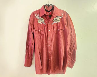 Vintage Chute #1 Maroon Embroidered Long Sleeve Pearl Snap Western Wear 70s 80s Mens M Menswear RARE Urban Cowboy Button Down Country