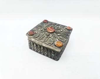 Antique Metal Trinket Box Silver Tone with Agate Colored Stones Made in India Collectible RARE 60s 70s Hippie Decor