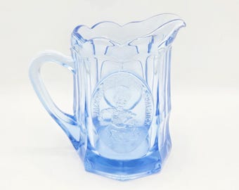 Blue Glass Nursery Rhyme Pitcher Tiara Glass Indiana Glass Mother Goose Collectible Small Pitcher Milk Jug RARE 70s 80s