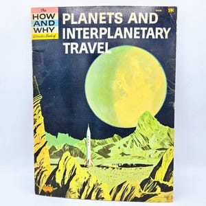 May include: A vintage book cover with a dark blue background and the title "Planets and Interplanetary Travel." The cover features a yellow and green planet with a white rocket ship in the foreground.