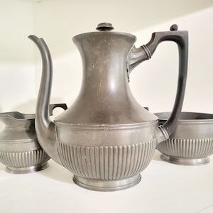 Vintage Pewter James Dixon and Sons Teapot Sugar Creamer Coffee or Tea Set Sheffield  England Design 2447 RARE Victorian Pewter