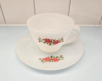 Fire King Red Rose Teacup Vintage Milk Glass Cup and Saucer Set Mid Century Collectible Pattern Fireking RARE very good condition