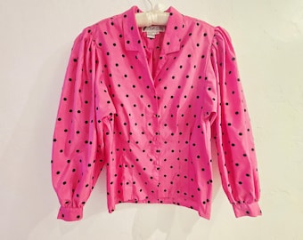 Vintage 80s Pink Blouse with Flocked Black Polka Dots Puff Sleeves Shoulder Pads CHAUS Dynasty Barbie Style RARE Size 6 M
